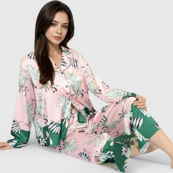 Lounge Women's Floral Satin Pajama Set with Button-Up Long Sleeve Top and Matching Pants - Large, Pink