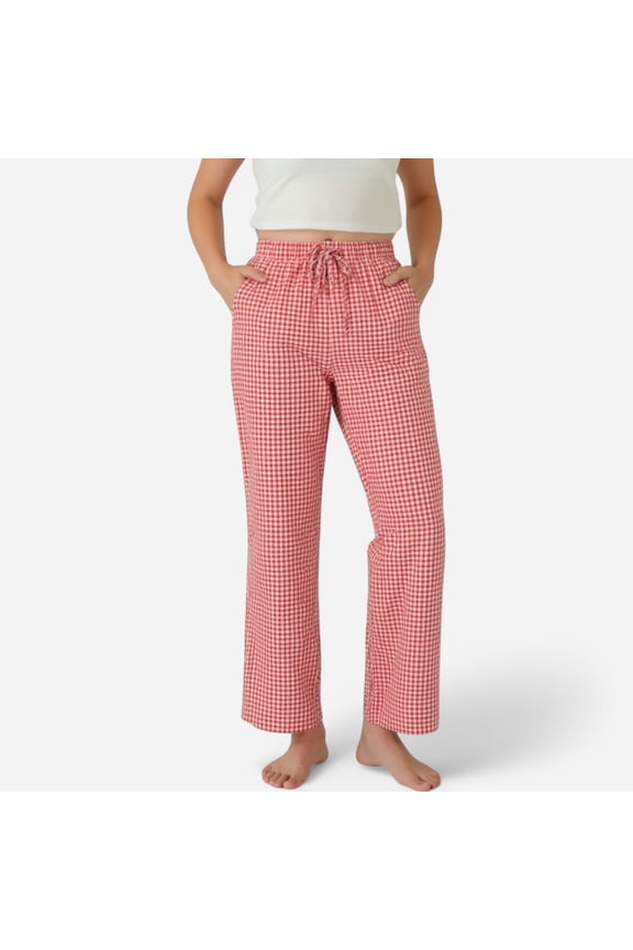 Lounge Women's Gingham Print Pajama Pants with High Waist Elastic Drawstring and Relaxed Straight Leg Fit - Medium, Red