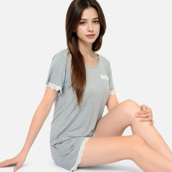 Lounge Women's Lace Trim Short Sleeve Pajama Set with Pocket Detail - Medium, Gray