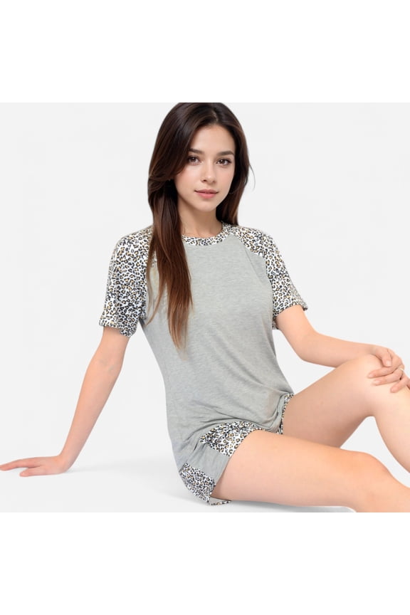Lounge Women's Leopard Print Short Sleeve Pajama Set with Drawstring Shorts - Large, Gray