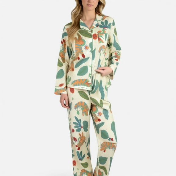 Lounge Women's Long Sleeve Button-Up Jungle Print Pajama Set with Chest Pocket and Matching Pants - Small, Green
