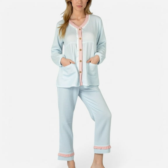 Lounge Women's Long Sleeve Button Up Pajama Set with Ruffle Trim and Front Patch Pockets - Large, Blue