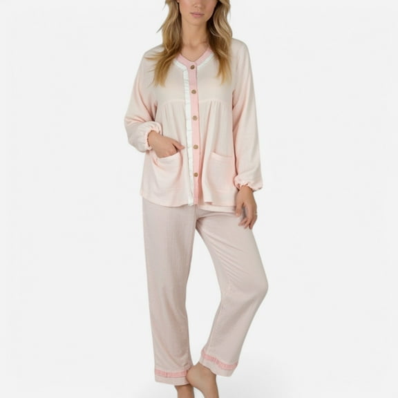 Lounge Women's Long Sleeve Button Up Pajama Set with Ruffle Trim and Front Patch Pockets - Large, Pink