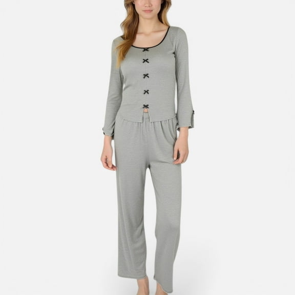 Lounge Women's Long Sleeve Pajama Set with Decorative Bows and Soft Wide Leg Pants - Medium, Gray