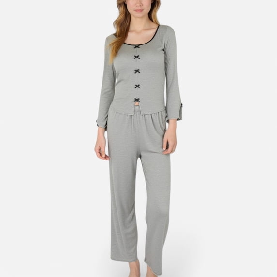 Lounge Women's Long Sleeve Pajama Set with Decorative Bows and Soft Wide Leg Pants - X Large, Gray