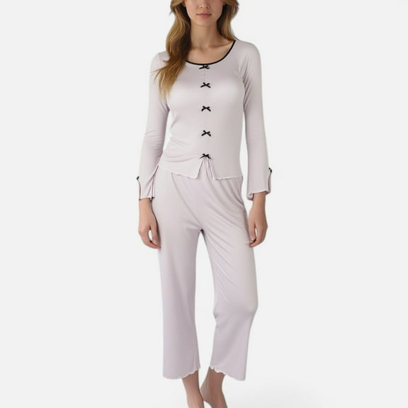Lounge Women's Long Sleeve Pajama Set with Decorative Bows and Soft Wide Leg Pants - X Large, Purple