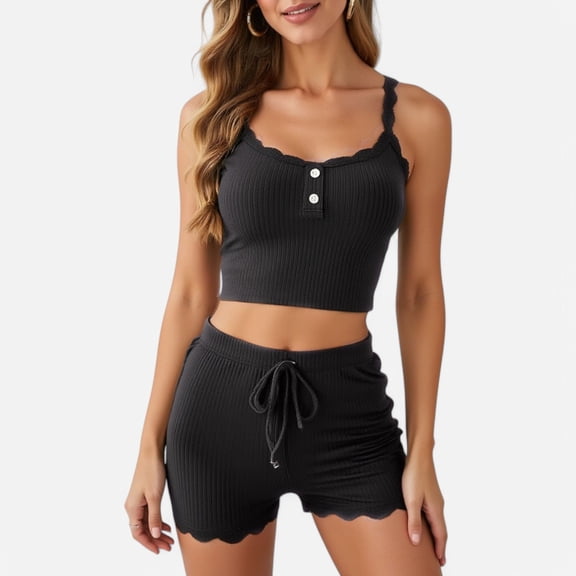 Lounge Women's Ribbed Lace Trim Pajama Set with Button Front and Drawstring Shorts - Small, Black