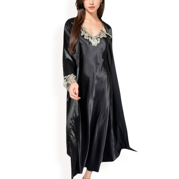 Lounge Women's Satin Long Robe and Lace Trim Nightgown Set- Black,X Large