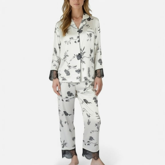 Lounge Women's Satin Pajama Set with Floral Print Long Sleeves and Lace Trim Cuffs and Hem - Small, Black