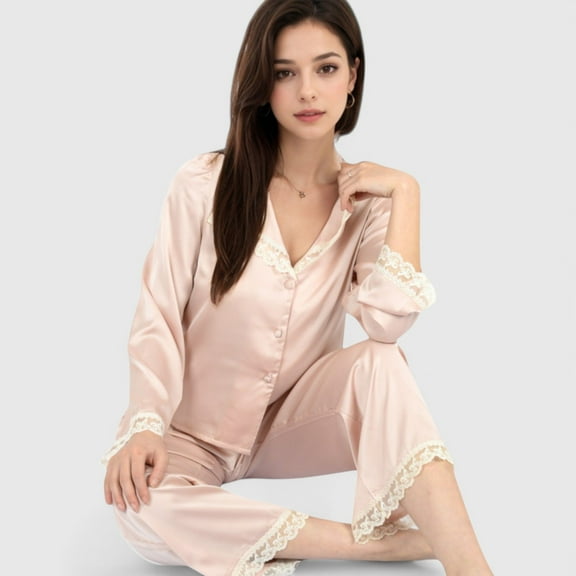 Lounge Women's Satin Pajama Set with Lace Trim and Button-Up Long Sleeve Top - Small, Pink