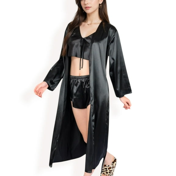 Lounge Women's Satin Pajama Set with Long Robe, Cami, Shorts, and Tie Waist- Black,Large