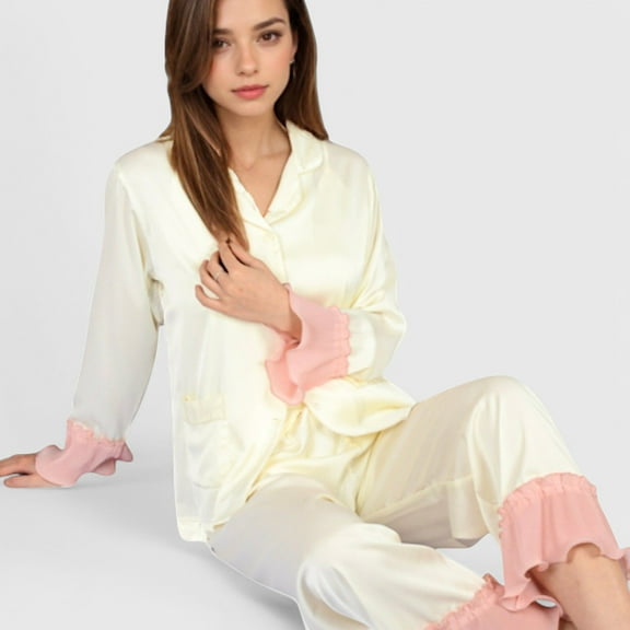 Lounge Women's Satin Pajama Set with Ruffled Cuffs and Button-Up Top - Large, White