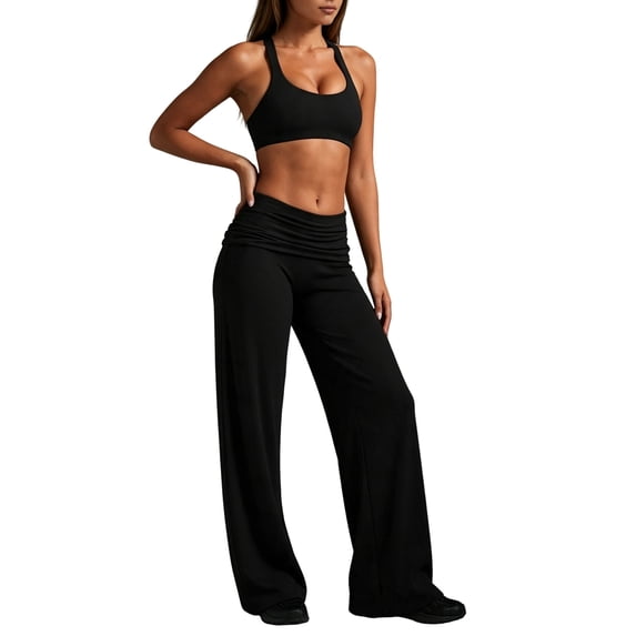 Lounge Yoga Pants for Women Fold over Low Waist Wide Leg Bottoms Y2K Foldover Sweatpants Black S