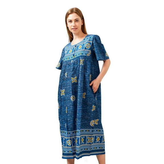 Loungees Border Print Lounge/Muu Muu/House Dress/Caftan with 3 Button Bib Yoke​