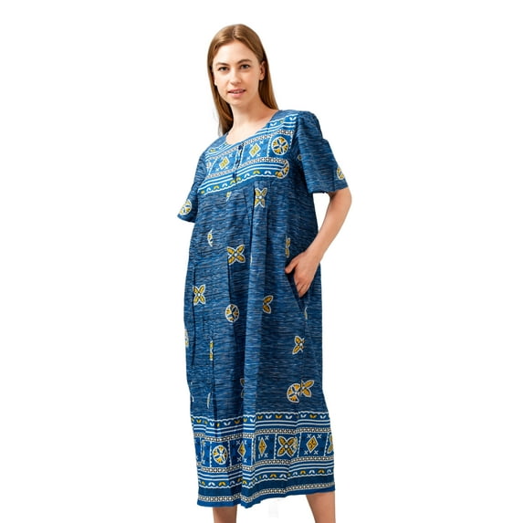 Loungees Border Print Lounge/Muu Muu/House Dress/Caftan with 3 Button Bib Yoke