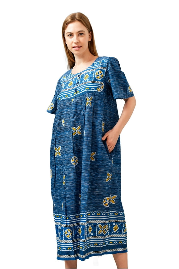 Border Print Lounge/Muu Muu/House Dress/Caftan with 3 Button Bib Yoke