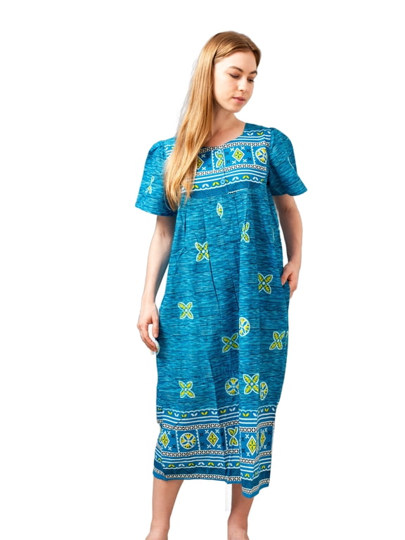 Border Print Lounge/Muu Muu/House Dress/Caftan with 3 Button Bib Yoke