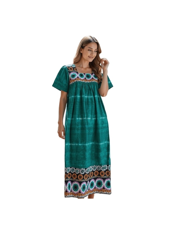 Multi-Color Border Print Muu Muu Lounge Dress with Square Neck Yoke | Loungees