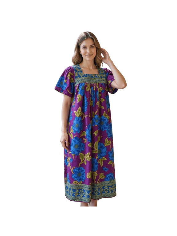 Multi-Color Border Print Muu Muu Lounge Dress with Square Neck Yoke | Loungees
