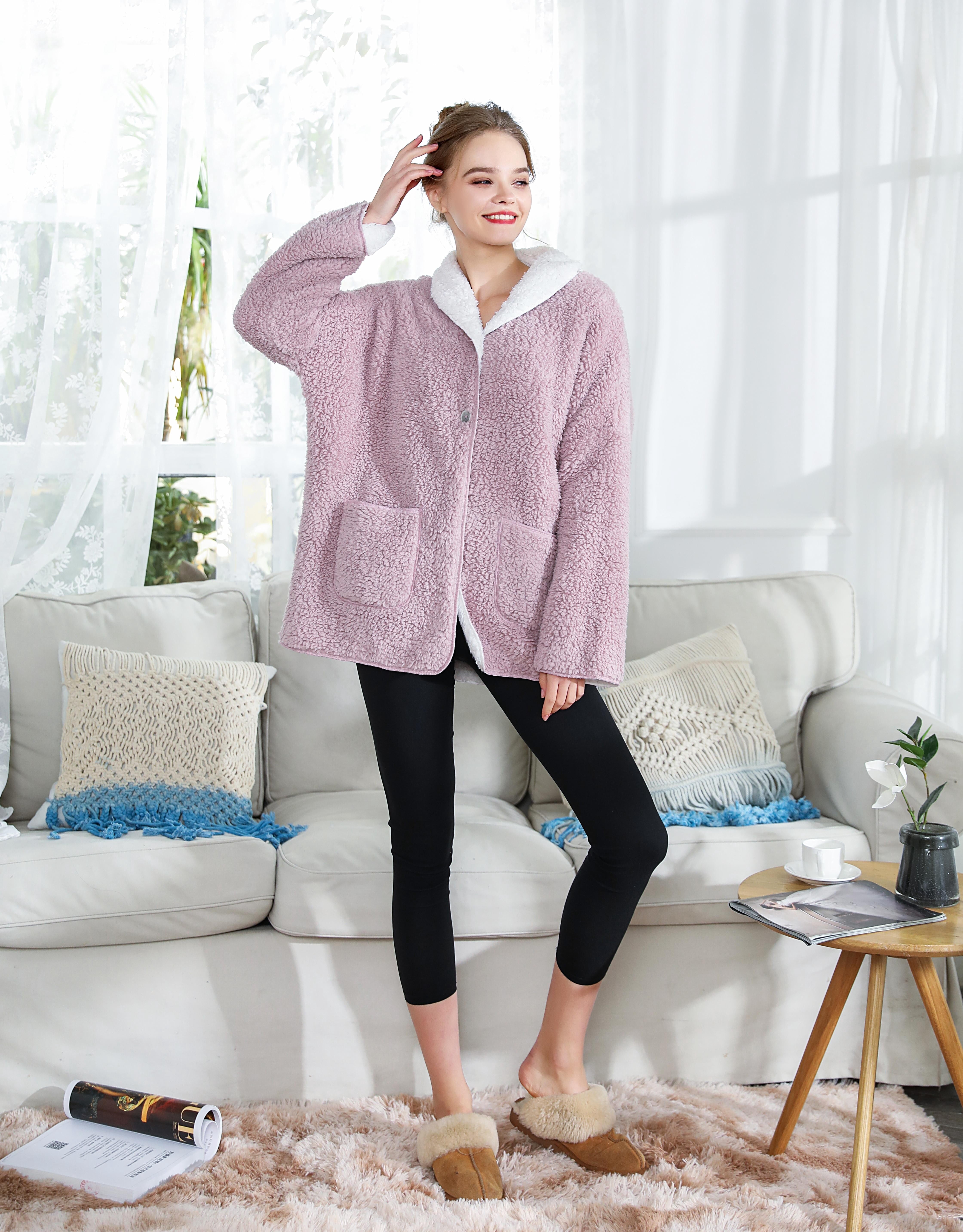 Loungees Sherpa Reversible Button Front Bed Jacket/House coat Lounge ...