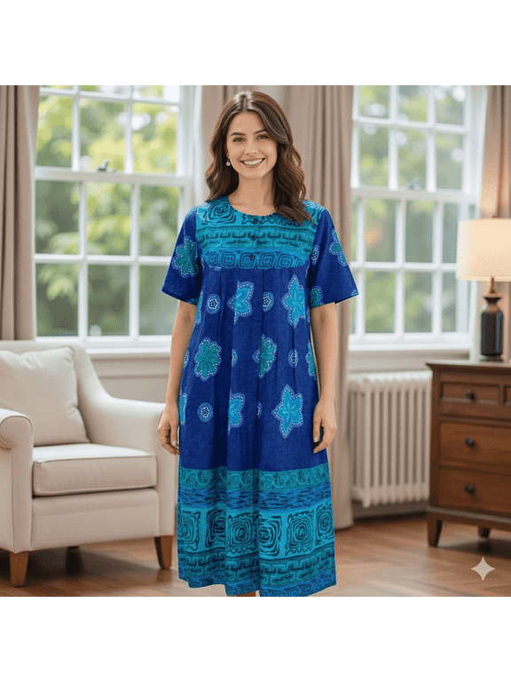 Women’s 100% Cotton Lounge Dress – Navy House Dress & Casual Caftan, Short Sleeve Relaxed Fit with Pockets