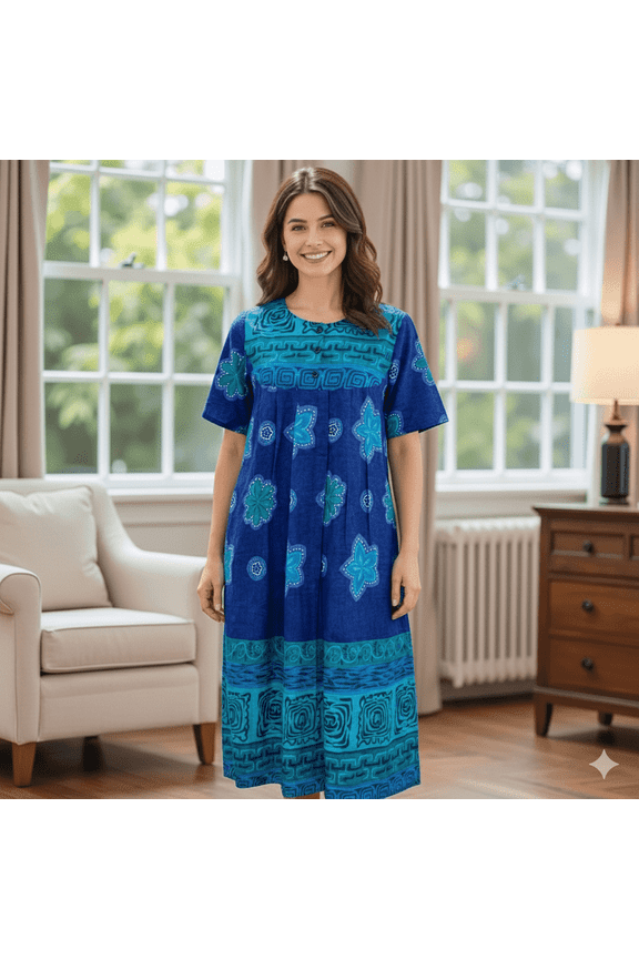 Women’s 100% Cotton Lounge Dress – Navy House Dress & Casual Caftan, Short Sleeve Relaxed Fit with Pockets