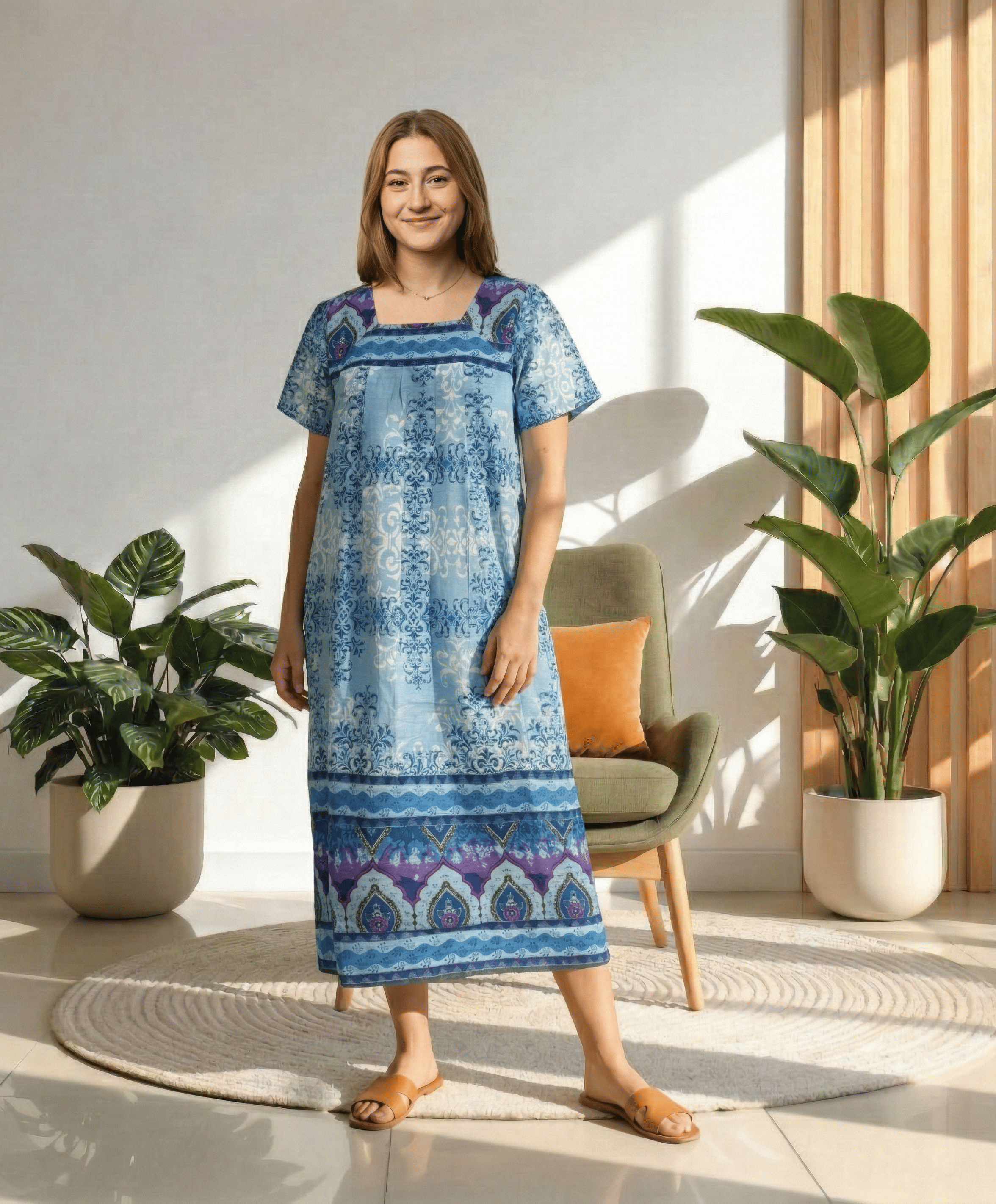 women's cotton muumuu dress Hibiscus Joy Navy Tea Muumuu Dress for Comfort 2XL / Navy
