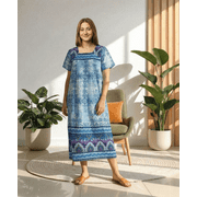 Loungees Women s Cotton Floral House Dress with Pockets, Short Sleeve Muumuu Caftan, Square Neck Contrast Yoke Lounger