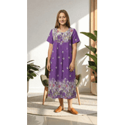 Loungees Women s Cotton House Dress with Pockets, Short Sleeve Muumuu Caftan, Border Print Bib Yoke Lounger