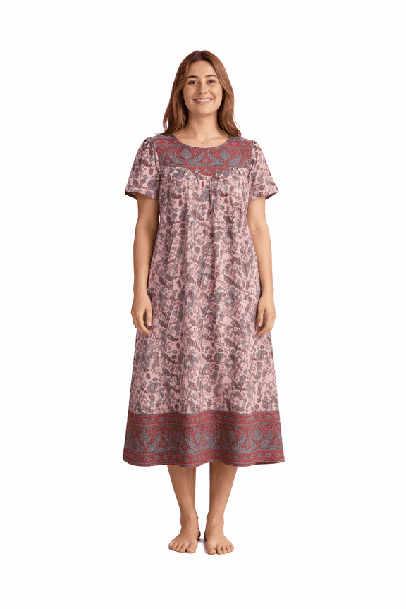 Women’s Cotton House Dress with Pockets, Short Sleeve Muumuu Caftan, Sweetheart Neck Lounger