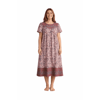 Loungees Women’s Cotton House Dress with Pockets, Short Sleeve Muumuu Caftan, Sweetheart Neck Lounger