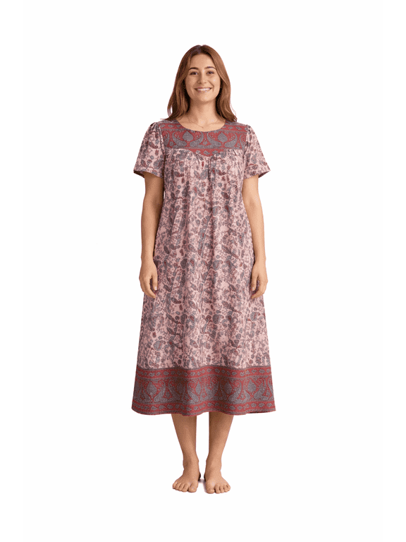 Women’s Cotton House Dress with Pockets, Short Sleeve Muumuu Caftan, Sweetheart Neck Lounger