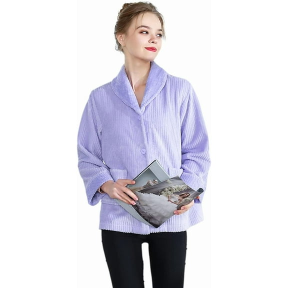 Loungees Women's Drop Needle Coral Fleece Shawl Collar Button Front Bed Jacket/ Short Robe