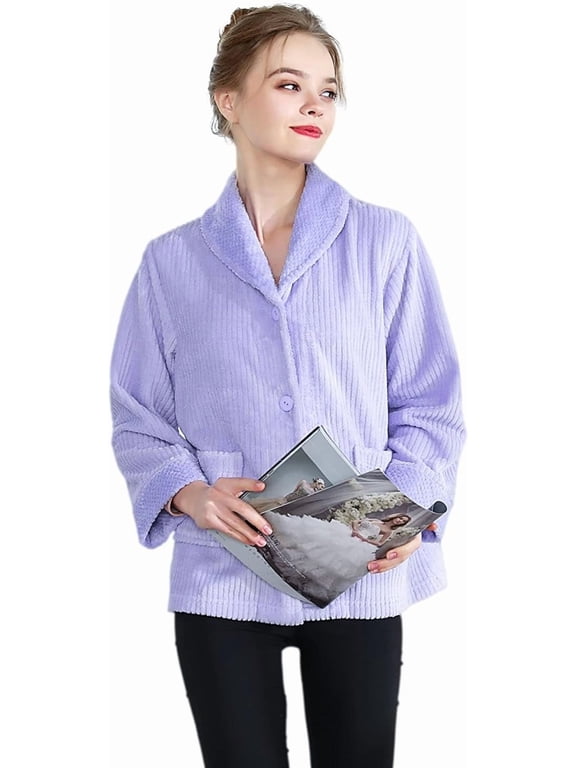 Women's Drop Needle Coral Fleece Shawl Collar Button Front Bed Jacket/ Short Robe