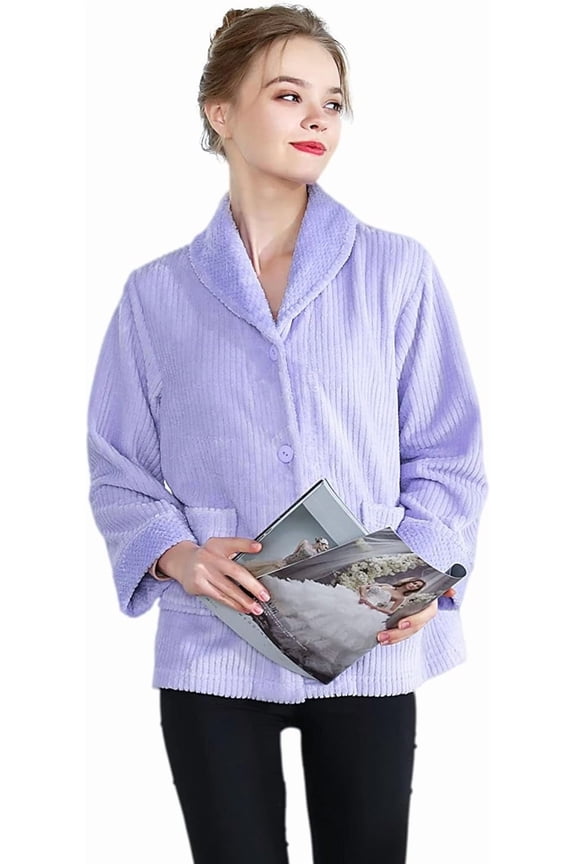 Women's Drop Needle Coral Fleece Shawl Collar Button Front Bed Jacket/ Short Robe