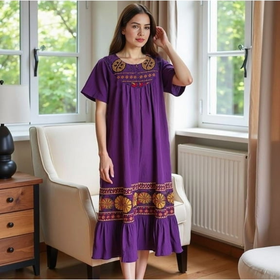 Loungees Women’s Lounge Dress - Boho Midi Muu Muu Dress with Printed Border, Relaxed Fit Crinkle Cotton Gauze, Side Pockets