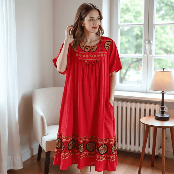 Loungees Women’s Lounge Dress - Boho Midi Muu Muu Dress with Printed Border, Relaxed Fit Crinkle Cotton Gauze, Side Pockets