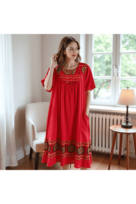 Women’s Lounge Dress - Boho Midi Muu Muu Dress with Printed Border, Relaxed Fit Crinkle Cotton Gauze, Side Pockets