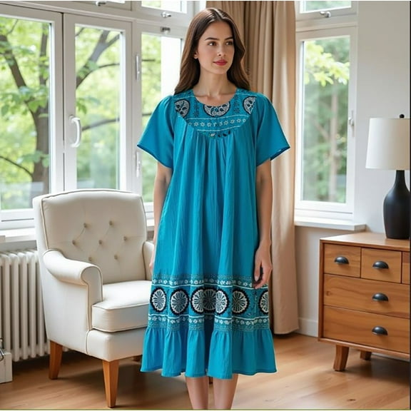 Loungees Women’s Lounge Dress - Boho Midi Muu Muu Dress with Printed Border, Relaxed Fit Crinkle Cotton Gauze, Side Pockets