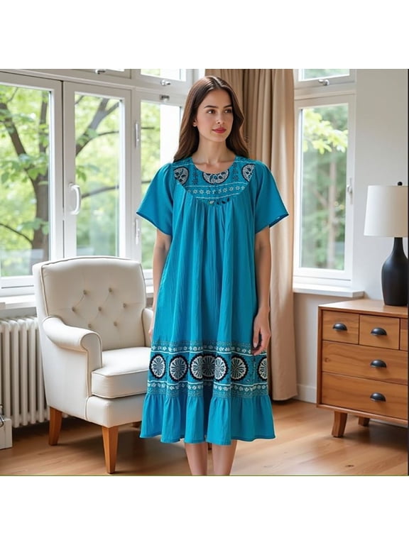 Women’s Lounge Dress - Boho Midi Muu Muu Dress with Printed Border, Relaxed Fit Crinkle Cotton Gauze, Side Pockets