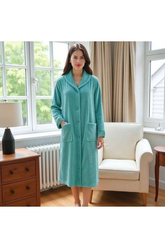 Women’s Plush Fleece Robe - Mid-Length Cozy Button-Front Bathrobe with Shawl Collar, Soft Coral Fleece, Lightweight Robe for Women