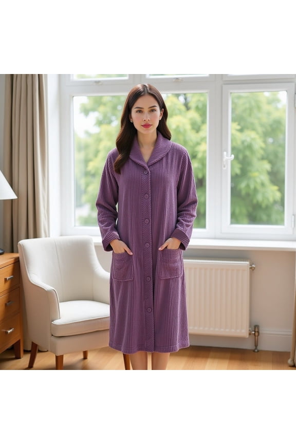 Women’s Plush Fleece Robe - Mid-Length Cozy Button-Front Bathrobe with Shawl Collar, Soft Coral Fleece, Lightweight Robe for Women
