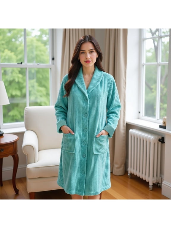 Women’s Plush Fleece Robe - Mid-Length Cozy Button-Front Bathrobe with Shawl Collar, Soft Coral Fleece, Lightweight Robe for Women