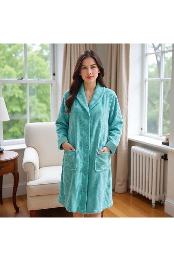 Women’s Plush Fleece Robe - Mid-Length Cozy Button-Front Bathrobe with Shawl Collar, Soft Coral Fleece, Lightweight Robe for Women