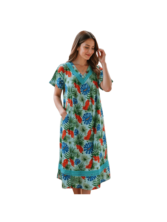 Women's Short Sleeve Light Blue Breezy Cotton Gauze Lounger House Dress - Crochet V Neck and Pockets