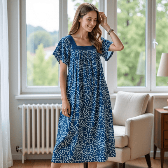 Loungees Women's Short Sleeve Royal Breezy Cotton Gauze Lounger House Dress - Crochet V Neck and Pockets