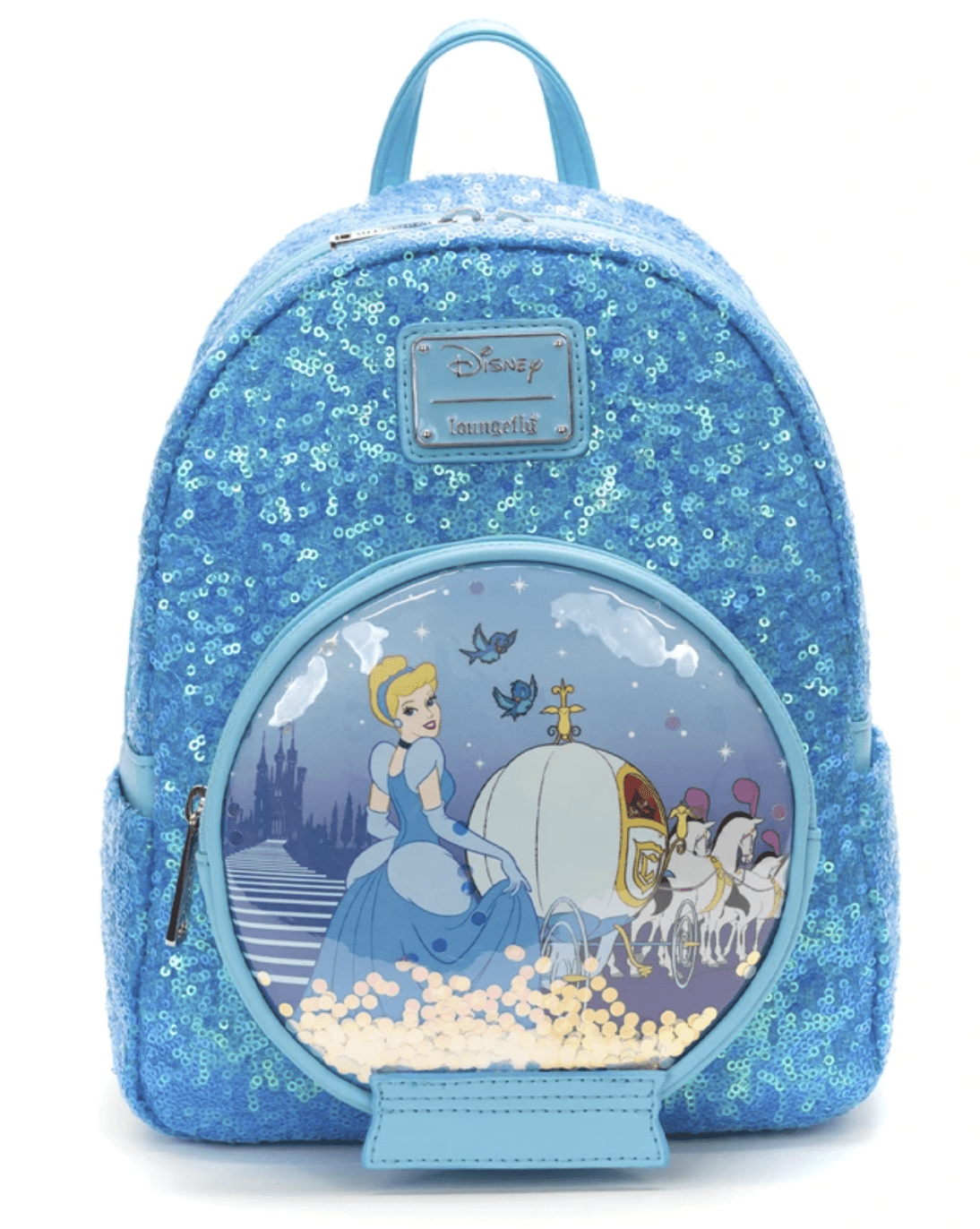 Loungefly Disney Blue Sequin Cinderella Castle Snow Globe Mini Backpack, Women's, Size: One Size