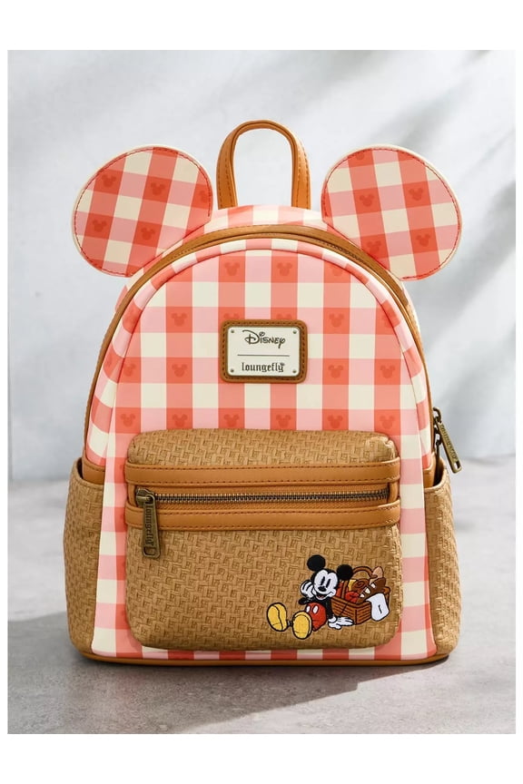 Disney Mickey Mouse Picnic Ears Polyurethane and Polyester Pink Gingham Mini Backpack