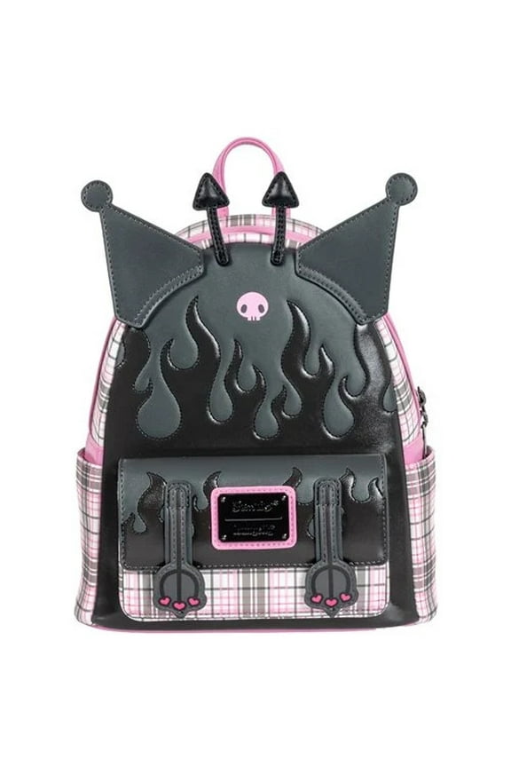Sanrio Kuromi Flames and Plaid Faux Leather Mini-Backpack with Jester Skull, 3D Ears and Horns