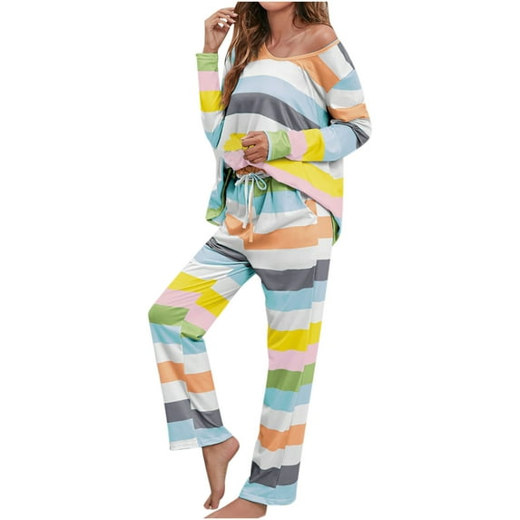Loungewear 2 Pieces Outfits Color Block Long Sleeve Tops Pullover Wide Leg Pants Soft Pajamas Sets PJs Sleepwear Womens Clothes